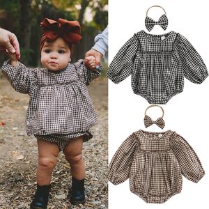 Rompers Vintage Autumn born Baby Girls Clothes Cotton Plaid Ruffles Lantern Sleeve O-neck Romper Jumpsuits Headband Outfits 221117