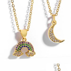 Collane con ciondolo Collana girocollo con luna arcobaleno Collana con ciondoli in zirconi cubici da donna Placcato in oro 18 carati Regali di gioielli ghiacciati Moda D Dhgfn