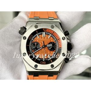 Neue 42-mm-Herrenuhr Quarz/mechanische Doppeloptionen, oranges Zifferblatt, Gummiarmband, schwarzes Hilfszifferblatt, Stoppuhr, Saphirglas, Sportuhren, Montre de Luxe