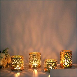 Candle Holders Nordic Golden Geometric Hollow Wrought Iron Candle Holder Creative Aromatherapy Candlestick Home Decoration Stand Orn Dh1Sw