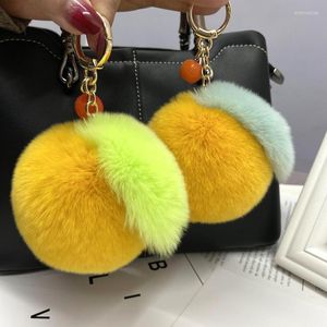 Keychains Cute Bag Keychain For Women Orange Fruit Key Rings Natural Fur Car Keys Couples Plush Doll Chains