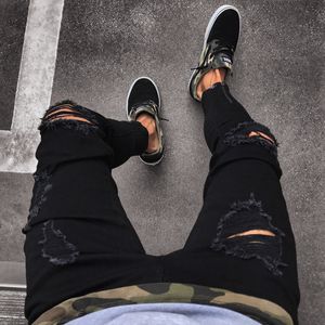 Männer s Jeans Fashion Mens Cool Designer Black Ripped Dünn zerstört ausgefranste Slim Fit Denim Pant Zipper Hopfenhosen Löcher für Männer 221118