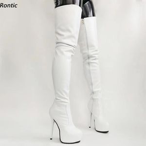 Rontic New Women Winter Crotch Boots Faux Leather Side Zipper Heels Cheels Round Toe Pretty White Club Shoes US 5-20