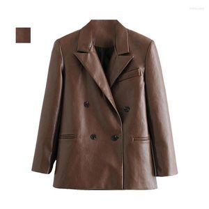 Frauen Leder Frauen Frühling Und Herbst Mantel Europäischen Retro Zweireiher Fuax PU Blazer Anzug Femme Mode Casual Jacke Tops