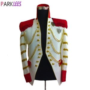 Abiti da uomo Blazer Bianco Steampunk Blazer Giacca Colletto alla coreana Nappa Design Hussar Marching Band Militare Batterista Costume Homme 221117