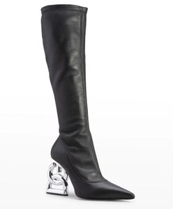 Vintervarumärken Keira Pop Heel Leather Boots Baraque Heels Silver-Tone Logo Lettering Long Knee Boot Black Stretch Leather Pointed Toe Booty EU35-43