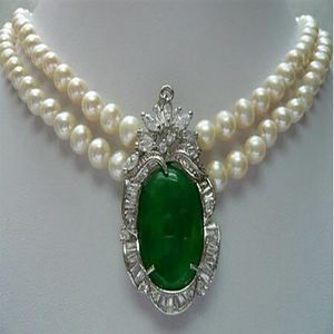 2 rader 7-8mm verklig vit pärla smaragd grön jade kristallhänge halsband