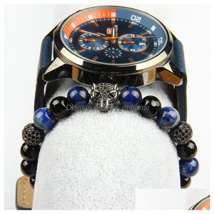 Charm Armbänder Männer Panther CZ Armbänder Großhandel 8mm Natursteinperlen mit schwarzem Leopard Rame Edelstahl Schmuck Drop Deliv Dhuvt