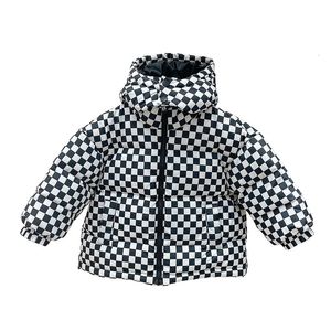 Casaco de penas moda estilo coreano jaqueta infantil design xadrez com capuz engrossar roupas quentes de inverno para meninas e meninos 221118