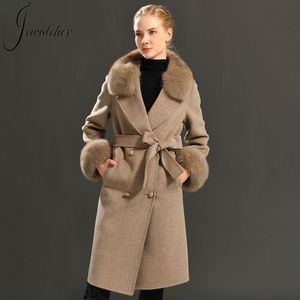 Lã feminina mistura o casaco de cashmere Spring Real Fur Collar en Trench Jacket Winter Winter Colo