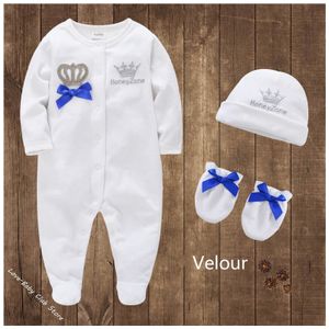 Rompers Baby Boy Girl Romper Royal Crown Ubranie Zestaw Cap Mitts Born Prince Princess One-Paces Footies Sleepsuit piżama velor 221117