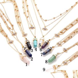 Pendant Necklaces Blue Evil Eye Stone Necklaces Women Natural Crystal Quartz Chakra Hexagonal Prism Point Healing Pendant Beads Neck Dh235