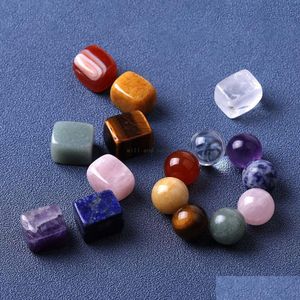 Konst och hantverk Square Round 7 Chakra Yoga Polished Energy Natural Stone Set Tiger Eye Agate Amethyst Crystals Healing Gravel Rough DHSRV