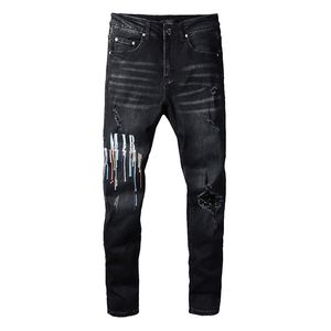 Męskie dżinsy Moda miejska Styl dopasowany Slim Fit Malowane drukowanie Litery Spodnie Skinny Stretch Graffiti Zniszczone dziury Dżinsy z dziurami