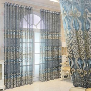 الستائر الأوروبية الفاخرة الشفافة لستائر لغرفة نوم الأزرق الأزهار جاكار الرومانسية باب فويل الألواح فولي