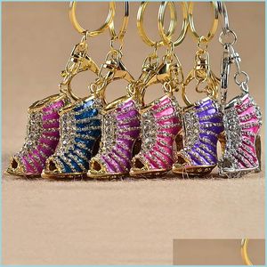 Nyckelringar Lanyards Crystal High Heel Shoes Keychain Key Rings Shoe Carabiner Handväska hänger kvinnor Metal Keyring Smycken Drop Delive Dh51x