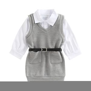 Наборы одежды для малышей детские девочки осенние наряд белый с длинным рукавом рубашка серое рукавочное вязаное платье с ремнем 2 7t 221118