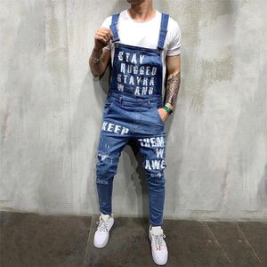 Männer Jeans Mode Zerrissene Overalls Knöchel Länge Brief druck Distressed Denim Latzhose Für Männer Hosenträger Hosen 221118