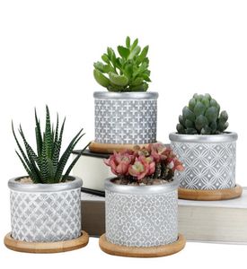 Cement Succulent Planter PotsCactus Plant Pot Indoor Small Concrete Herb With Bamboo Tray Grey 4In Set 295Inch Y200723