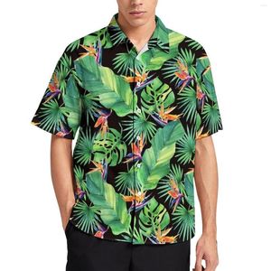 Mäns avslappnade skjortor djungel tropiska bladfågel tryck hawaiian skjorta korta ärmar trendiga blusar man stor storlek