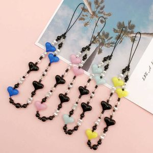 1PC Cell Phone Straps Charms Chain Heart Telephone Lanyard Colorful Bead Hand Hanging Cellphone Strap For Women Girl Mobile Jewelry Accessories