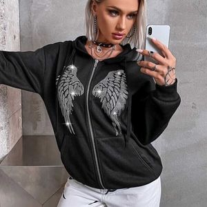 Kadın Ceketleri Gotik Rhinestone Wings Harajuku Punk Gevşek Gündelik Uzun Kollu Fermuar Harkalı Kazak High Street Aksesuar Sweatshirt T221105