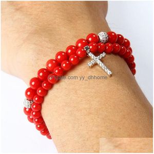 Beaded Ailatu Fashion Stone Jewelry 10 Pieces Wholesale 6Mm A Grade Dyed Red Coral Clear Cz Pave Ball Beaded Bracelet For Gift Drop Dhqap