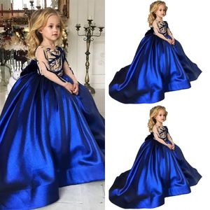 2023 Royal Blue Flower Girls Dresses Satin Long Sleeves Crystal Beads Girl Pageant Dresses Teens Kid Wear Birthday Party Communion Dress