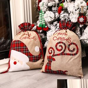 ديكورات عيد الميلاد الكتان سانتا ساكس كيس هدايا هدايا حمراء منقو