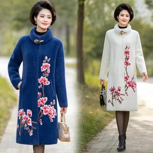 Women's Fur Mom Winter Women Imitation Mink Velvet Embroidered Coat Long Middle-aged Cashmere Woolen Thick Top Overcoat