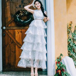Casual Dresses Women's Long Dress Lace Embroidery Cutout White Party Cake Princess Birthday Holiday