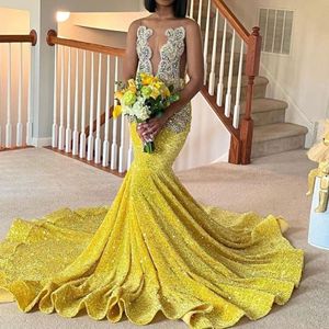 Iskrzący żółte cekinowe sukienki wieczorowe syreny z koraliki kryształy balsame skorzystanie z Black Girls Graduation Party Vestodos 2023