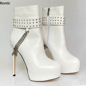 Rontic handgefertigte Frauen Winterplattform Knöchelstiefel sexy Kette Nieten Stiletto Heels runden Zehen White Black Club Schuhe US-Größe 5-20