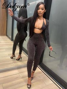 Women s Two Piece Pants Dulzura Bling Glitter Sequins Y2K Outfits 2 Set Lace Up Long Sleeve Halter Crop Top Jumpsuit Matching Suit