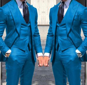 Helt ny bl￥ brudgum Tuxedos Peak Lapel Slim Fit Men's Blazer Suits Wedding Dress Prom Clothing