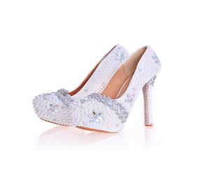 El yapımı 14cm yüksekliğinde kadınlar elbise ayakkabıları beyaz inci düğün platformu ayakkabıları Cinderella balo pompaları yetişkin töreni ayakkabıları1791399