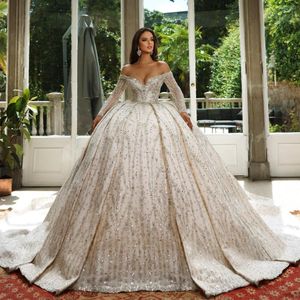 Dubai 2023 Wedding Dresses Long Sleeve Bridal Gowns Luxury Ball Gown Beading Arabic Off The Shoulder Church Vestido de Noiva wly935
