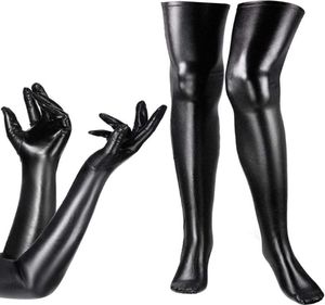 Elbow Knee Pads Women039s Costume Set Elastic Spandex Shiny Wet Long Gloves And Look Thigh High Stockings21853300002