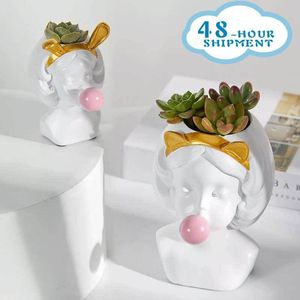 Vasi Kawaii Home Decor Resina nordica Ragazza carina Testa umana Gomma da masticare Vaso di fiori Decorazione di arte moderna Creativa 221118