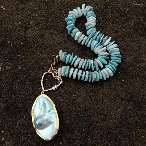 Pendant Necklaces Y.YING Natural Blue Larimar Slice Rough Necklace Big Gray Mabe Pearl 20"