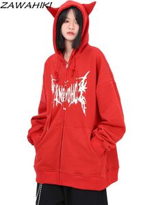 Kadın Ceketleri Y2K Zip-up Hoodie Kadınlar Kawaii Şeytan Boynuz Kuyruk Hiphop Sokak Giyim Grafik Baskı Sweatshirt Harajuku Sonbahar Punk E-Girl Out Giyim T221105