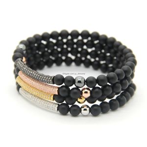 Charm armband mode m￤n kvinnor smycken grossist 6mm naturlig matt agat cz mikro inlay zirkonp￤rlor r￶r p￤rlsp￤rrad stretch armband dhm2p