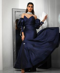 Chic Sweetheart Mermaid Prom Dresses With Detachable Long Sleeves Pleats Piping Off Shoulder Dark Navy Simple Satin Formal Evening Gowns For Women 2023