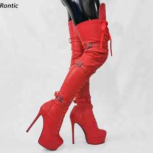 Rontic 2022 Mulheres Botas de inverno Botas de fivela de couro falso Salto de calça de estilete em volta do dedo do pé