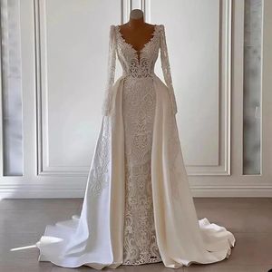 Elegante Meerjungfrau-Spitze-Brautkleider, applizierte Brautkleider mit abnehmbaren langen Ärmeln, V-Ausschnitt, Sweep-Zug, Vestido De Novia Estido Estido Estido estido