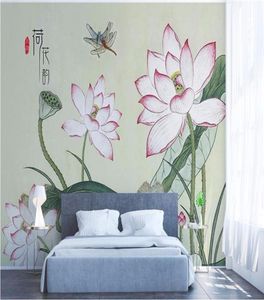 カスタムウォールペーパーモダンな小さな新鮮なロータスフラワーハンドペイントテレビ背景壁の家の装飾壁画3D壁紙9932044