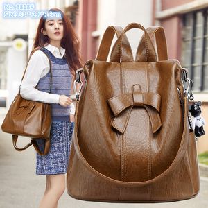 Atacado senhoras bolsa de ombro 2 cores moda rua anti-roubo mochila simples Joker cor sólida bolsa de couro bonito arco estilo universitário mochilas femininas 3818 #