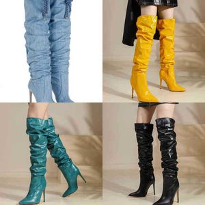 Botas de estilo ocidental de jeans azul joelho altos botas femininas pontudas de ponta de calcanhar de calcanhar feminino Botas de moda de moda Sapatos femininos 220913