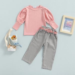 Kleidung Sets 2 7Y Kinder Mädchen Herbst Kleidung Einfarbig Gerippte Puff Langarm Tops Plaid Hosen Gürtel 3 stücke Kinder Outfits 221118