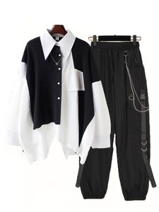 Womens Two Piece Pants Women Streetwear Twopiece Suit Splice Chain Long SleeveRibbon Harajuku Cargo 2 Sets Outfits 221117